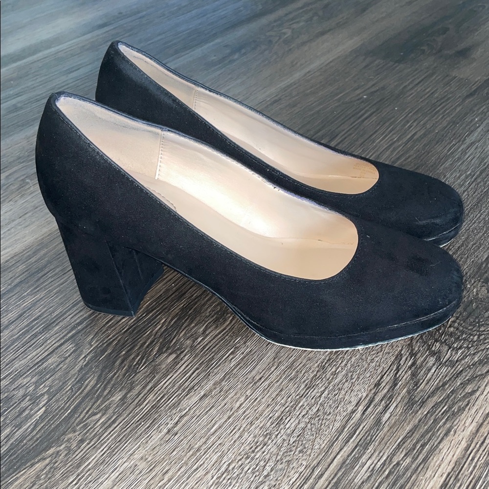 Black Suede Block Heel Pumps